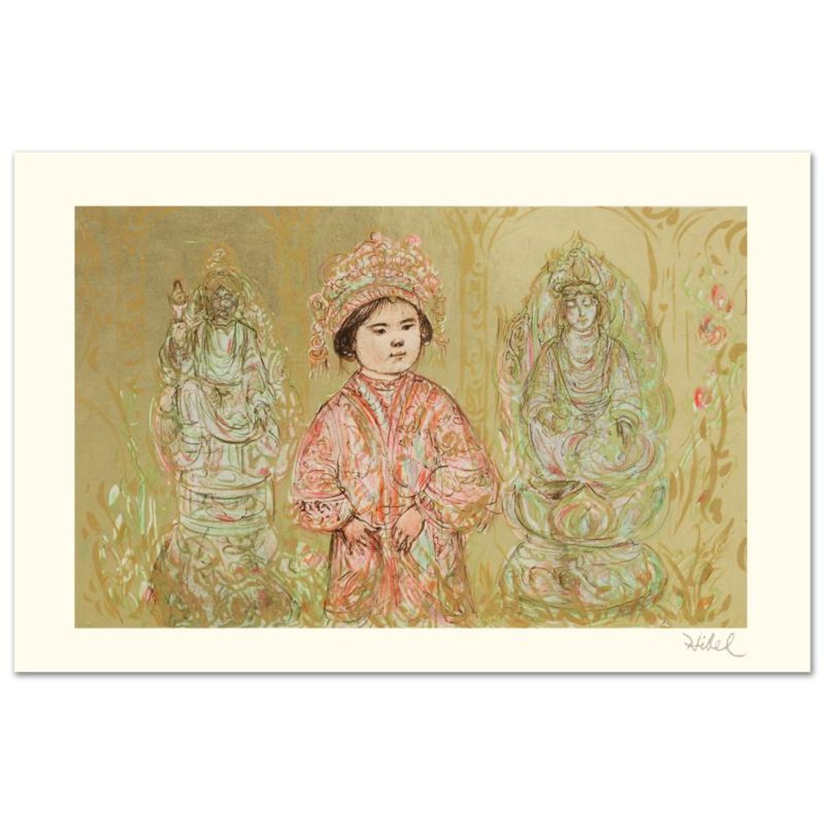 Willie and Two Quan Yins Limited Edition Lithograph by Edna Hibel (1917-2014), Numbered and Hand Signed with Certificate of Authenticity.