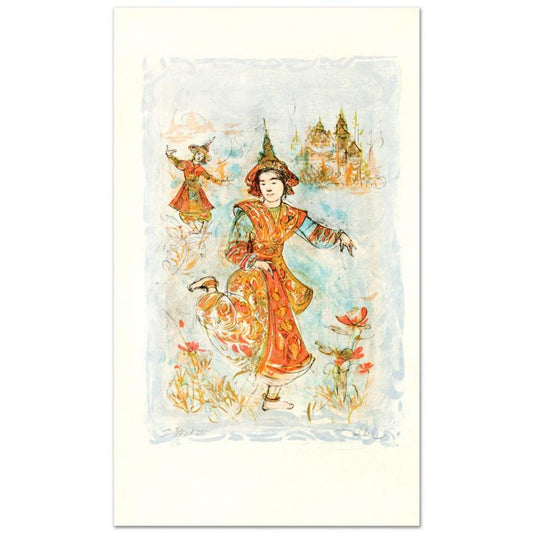 Thai Dancers Limited Edition Lithograph by Edna Hibel (1917-2014), Numbered and Hand Signed with Certificate of Authenticity.