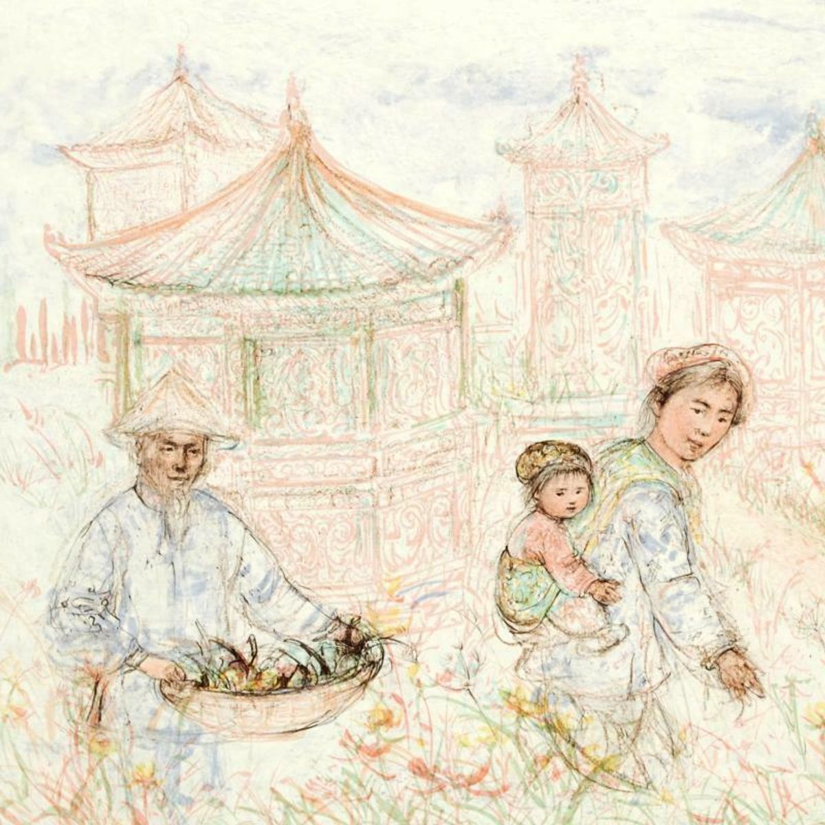 Then and Now Limited Edition Lithograph by Edna Hibel (1917-2014), Numbered and Hand Signed with Certificate of Authenticity.