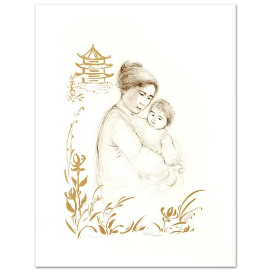 Lei Jeigiong and her Baby in the Garden of Yun-Tai Limited Edition Lithograph by Edna Hibel (1917-2014), Numbered and Hand Signed with Certificate of Authenticity.