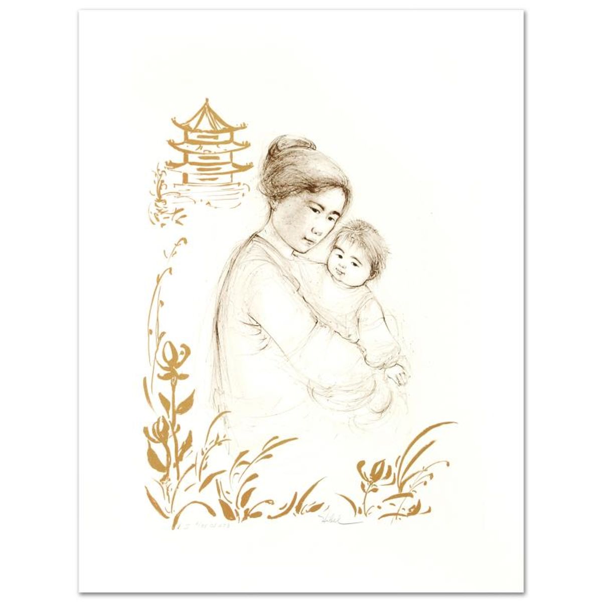 Lei Jeigiong and her Baby in the Garden of Yun-Tai Limited Edition Lithograph by Edna Hibel (1917-2014), Numbered and Hand Signed with Certificate of Authenticity.