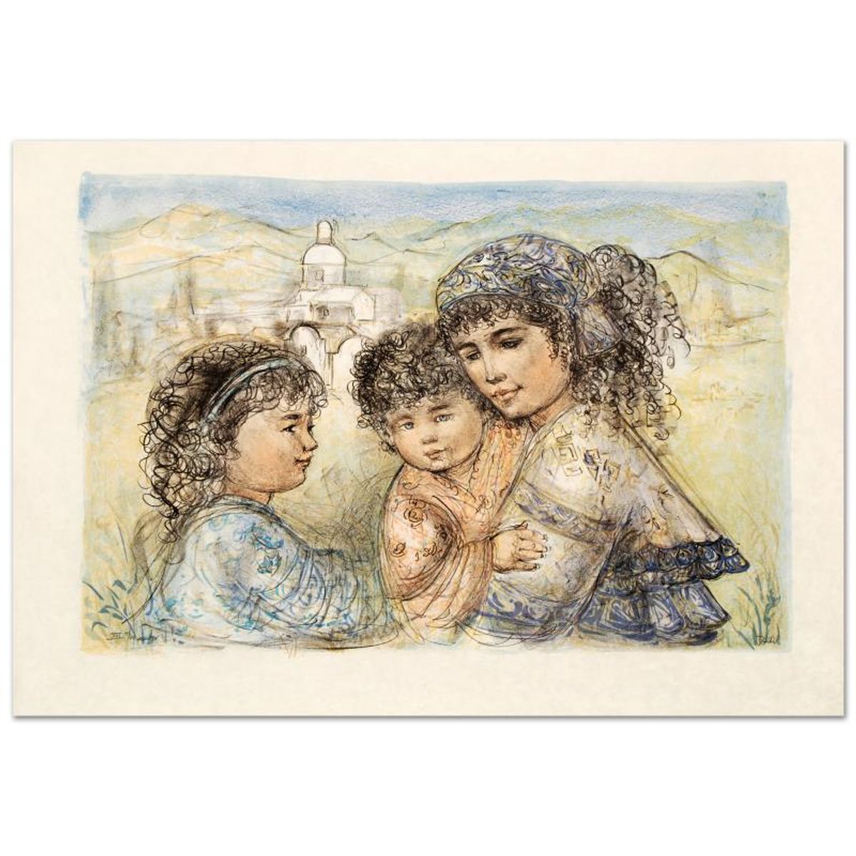 Zalina with Aries and Ande Limited Edition Lithograph by Edna Hibel (1917-2014), Numbered and Hand Signed with Certificate of Authenticity.