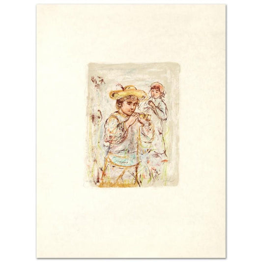 Boy with Horn Limited Edition Lithograph by Edna Hibel (1917-2014), Numbered and Hand Signed with Certificate of Authenticity.