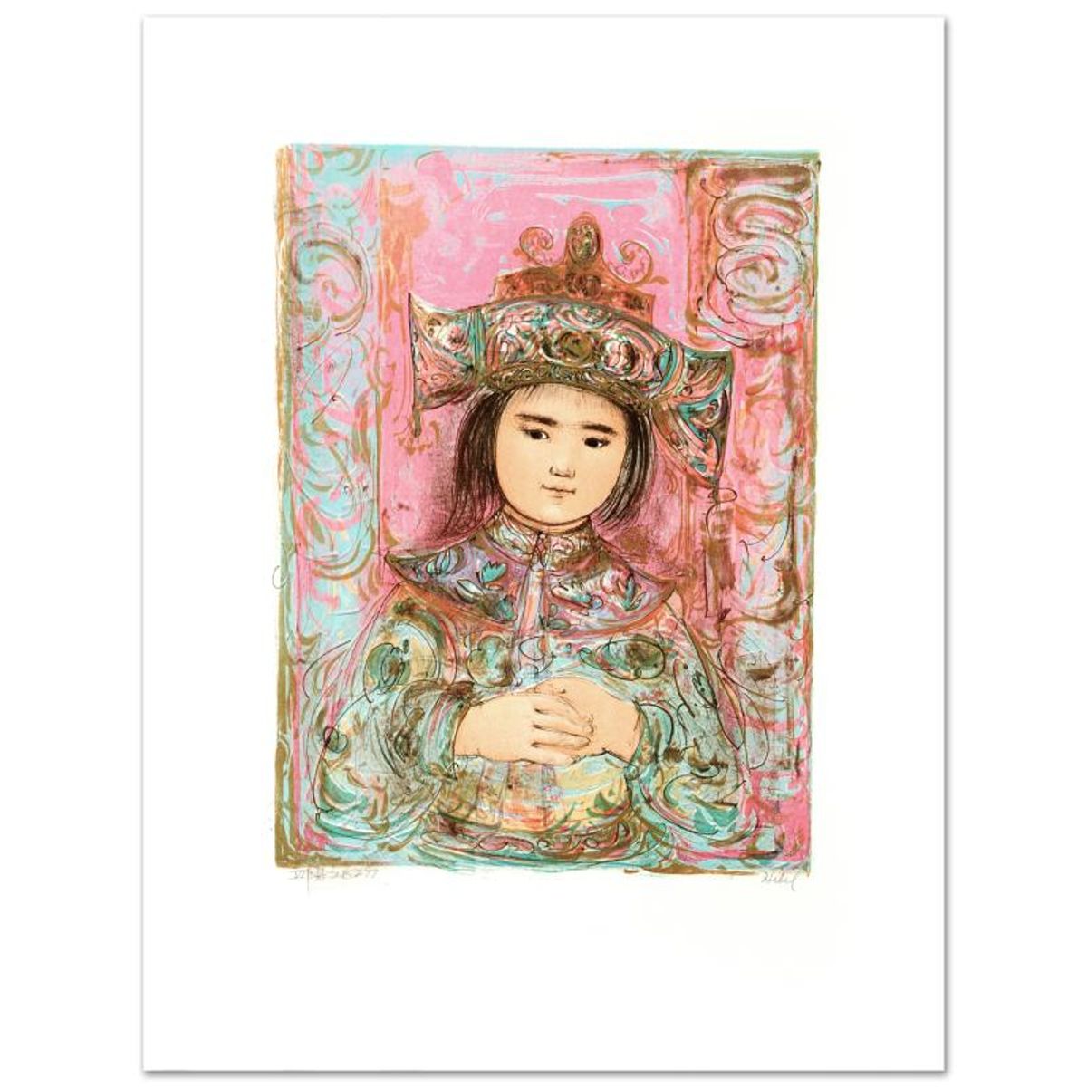 Child of the East Limited Edition Lithograph by Edna Hibel (1917-2014), Numbered and Hand Signed with Certificate of Authenticity.