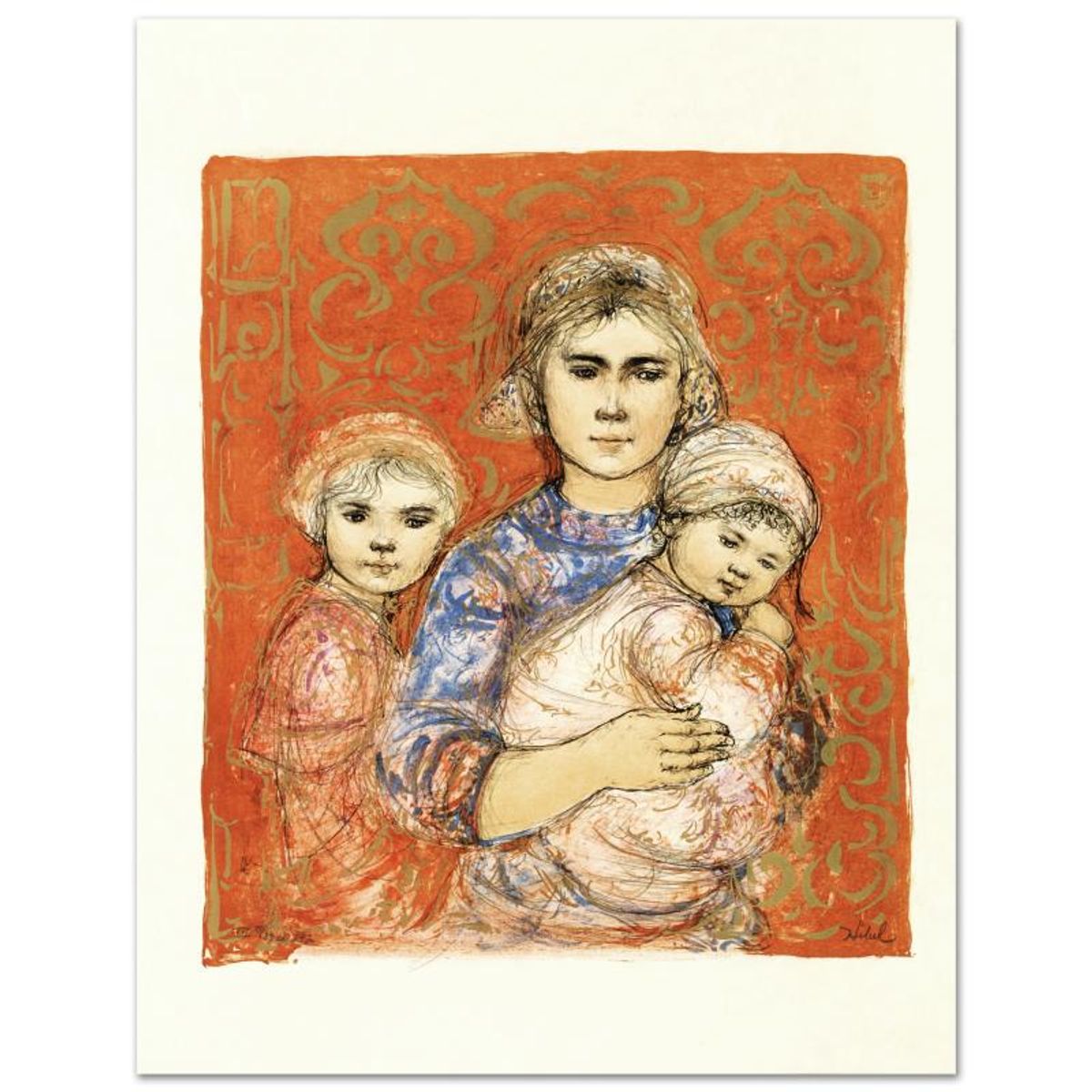 Jenet, Mary and Wee Jenet Limited Edition Lithograph by Edna Hibel (1917-2014), Numbered and Hand Signed with Certificate of Authenticity.