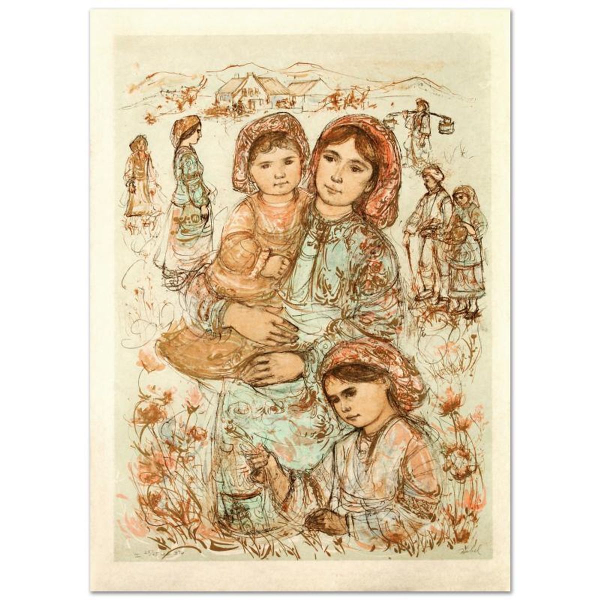Family in the Field Limited Edition Lithograph by Edna Hibel (1917-2014), Numbered and Hand Signed with Certificate of Authenticity.