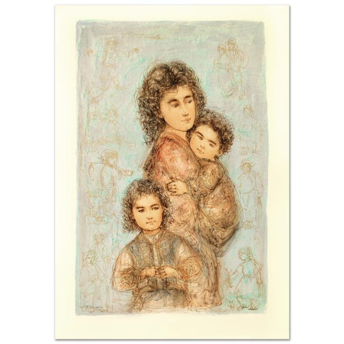 Catherine and Children Limited Edition Lithograph by Edna Hibel (1917-2014), Numbered and Hand Signed with Certificate of Authenticity.