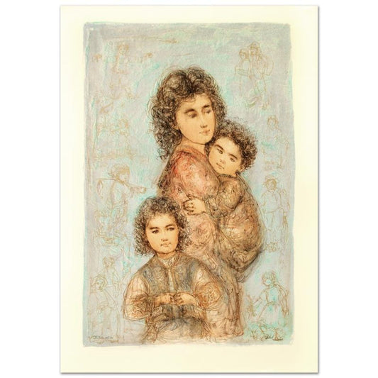 Catherine and Children Limited Edition Lithograph by Edna Hibel (1917-2014), Numbered and Hand Signed with Certificate of Authenticity.
