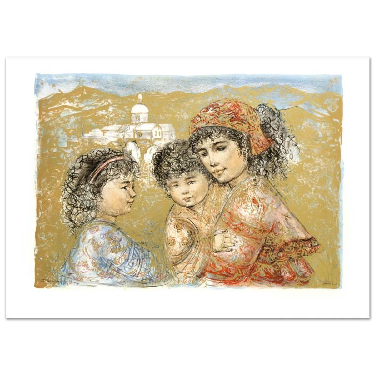Zalina with Aries and Ande Limited Edition Lithograph by Edna Hibel (1917-2014), Numbered and Hand Signed with Certificate of Authenticity.