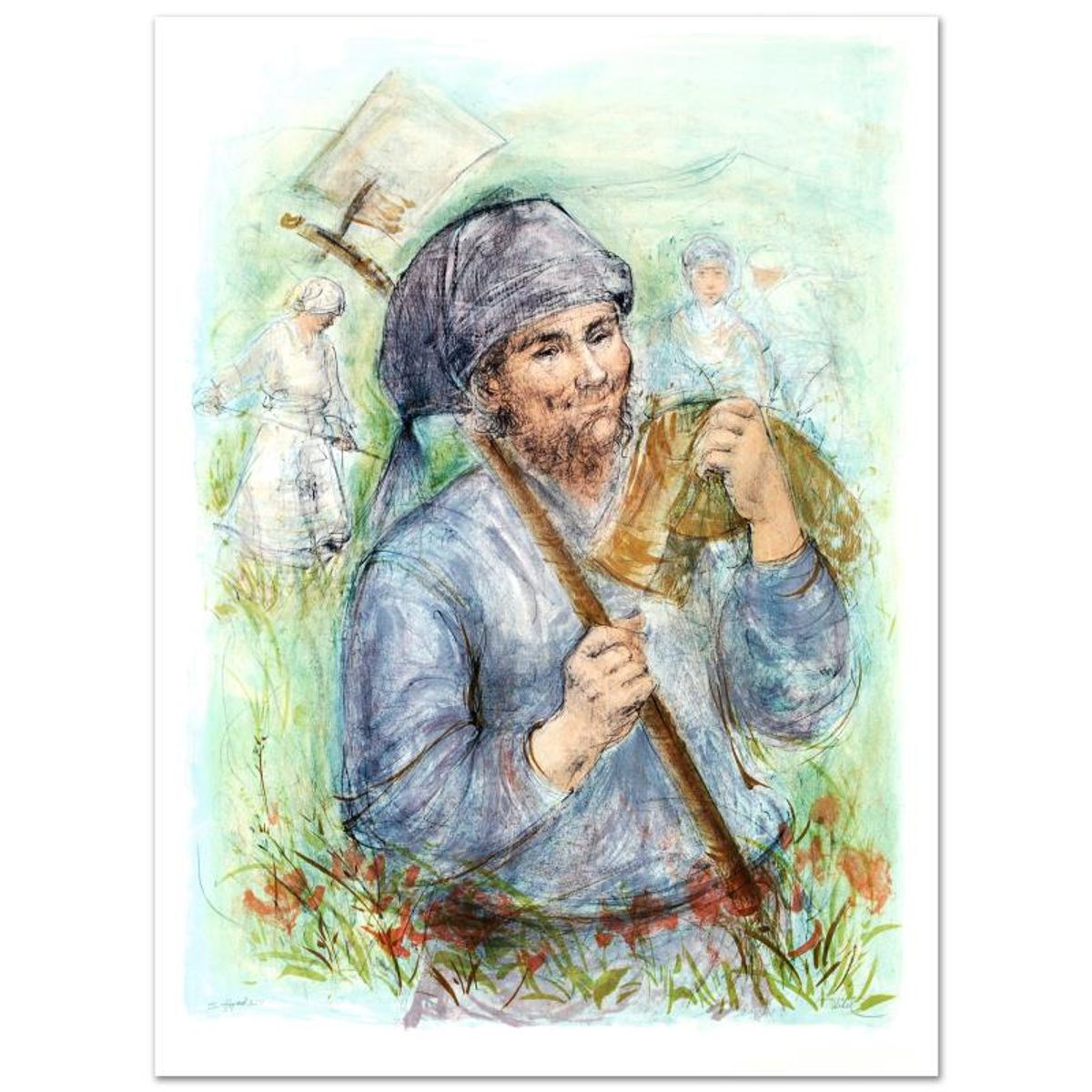 Man with Hoe Limited Edition Lithograph (28" x 39") by Edna Hibel (1917-2014), Numbered and Hand Signed with Certificate of Authenticity.