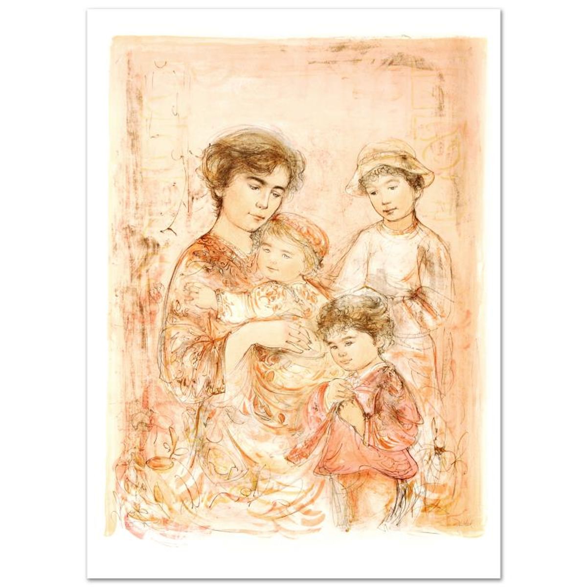 Lotte and Her Children Limited Edition Lithograph (27" x 37.5") by Edna Hibel (1917-2014), Numbered and Hand Signed with Certificate of Authenticity.