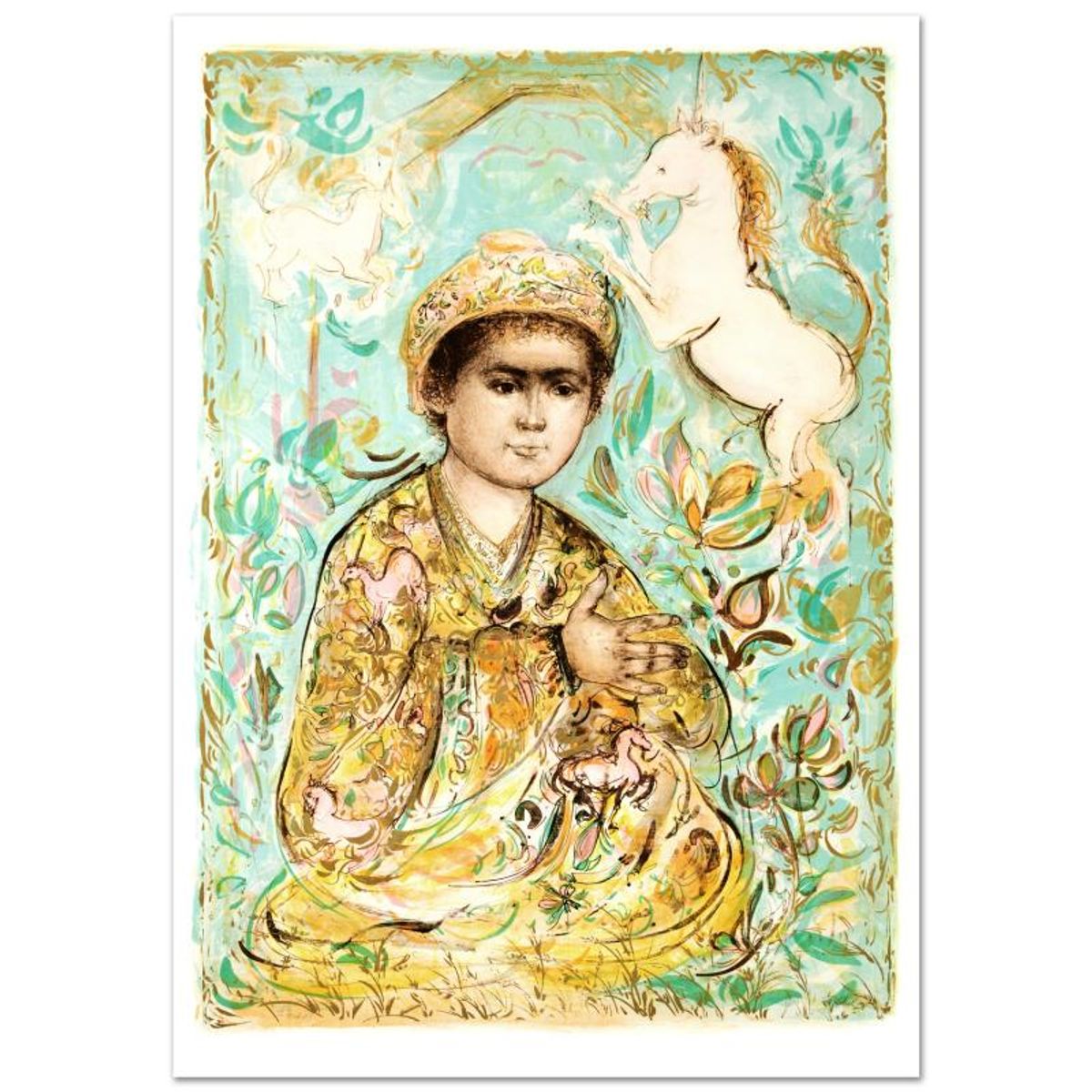 Little Rajah and the Unicorns Limited Edition Lithograph (29.5" x 41.5") by Edna Hibel (1917-2014), Numbered and Hand Signed with Certificate of Authenticity.