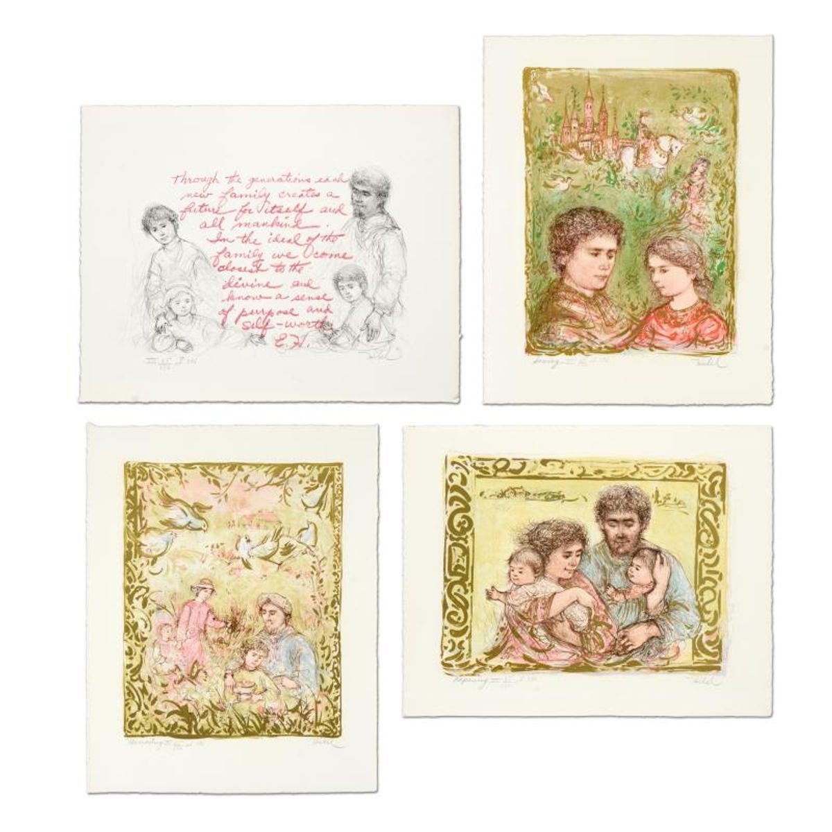 Edna Hibel (1917-2014), "The Family Suite Edition III" 4-Piece Limited Edition Lithograph Suite, Numbered and Hand Signed with Certificate of Authenticity.