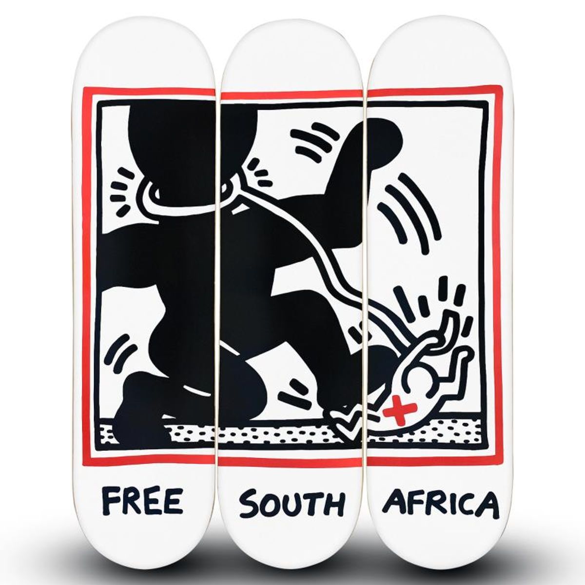 Keith Haring (1958-1990), "Free South Africa" Skateboard Triptych Set, Plate Signed with Letter of Authenticity.