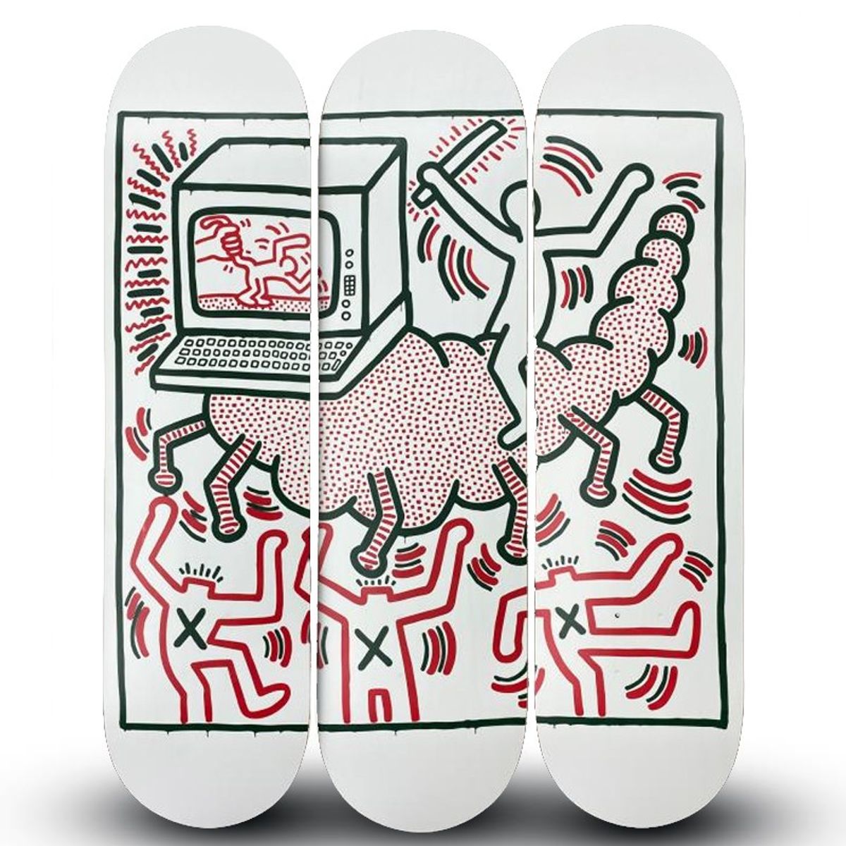 Keith Haring (1958-1990), "Centipede" Skateboard Triptych, Plate Signed with Letter of Authenticity.