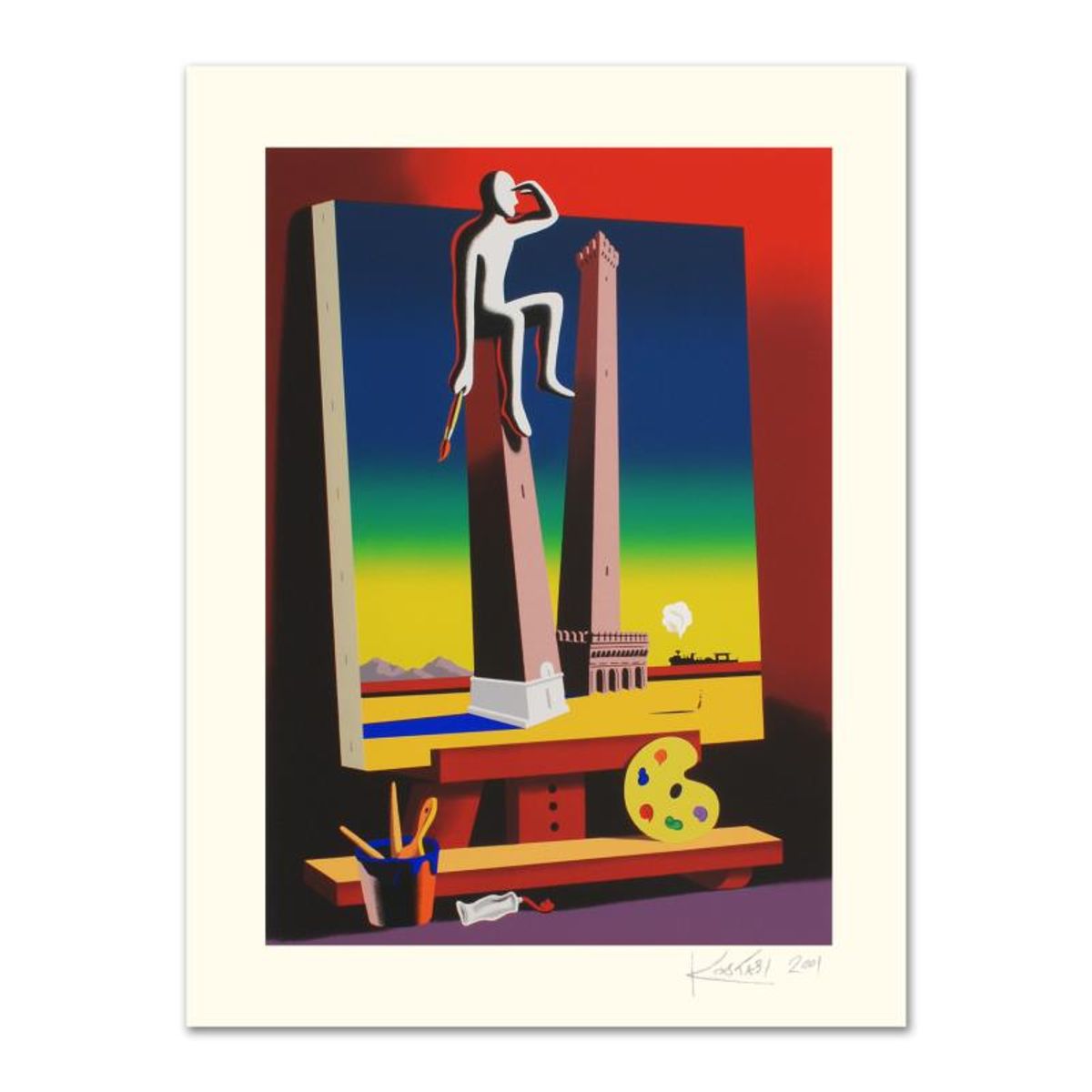Mark Kostabi, "Loophole With A View" Limited Edition Serigraph, Numbered and Hand Signed with Certificate.