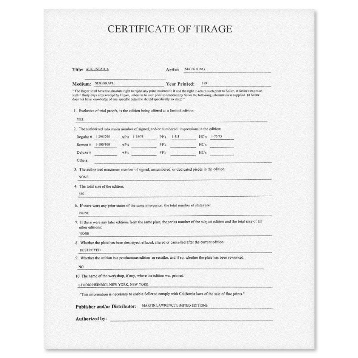 Mark King (1931-2014), "Augusta #16" Hand Signed Limited Edition Serigraph with Letter of Authenticity.