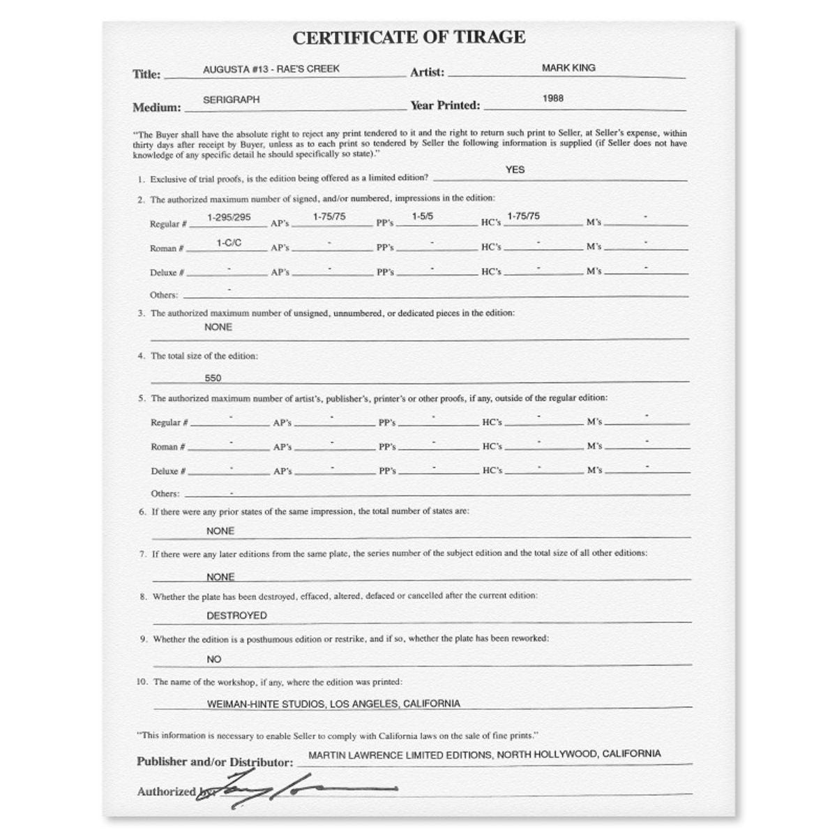 Mark King (1931-2014), "Augusta #13 Rae's Creek" Hand Signed Limited Edition Serigraph with Letter of Authenticity.