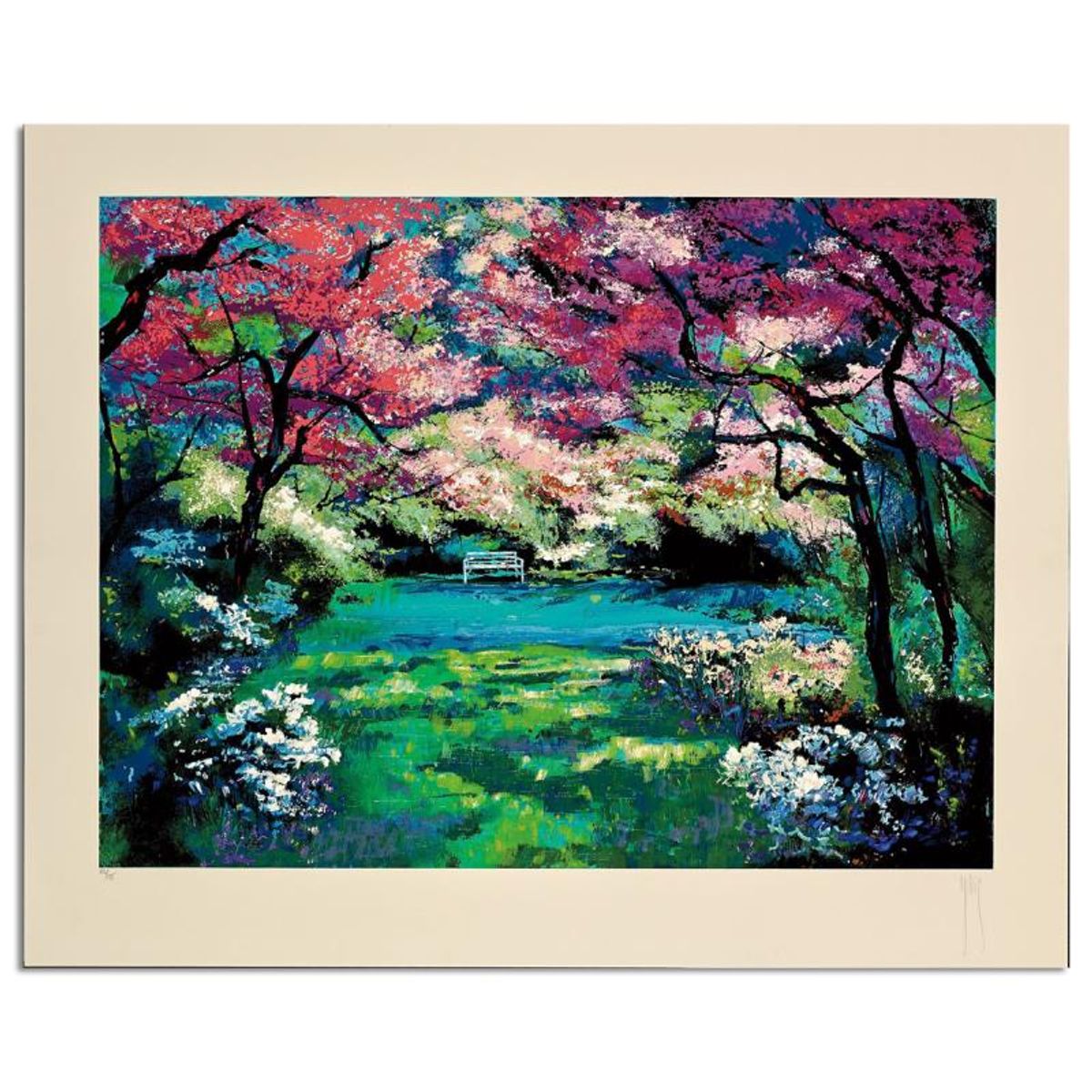 Mark King (1931-2014), "Cherry Blossom Corner" Hand Signed Limited Edition Serigraph with Letter of Authenticity.