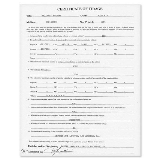 Mark King (1931-2014), "Fragrant Morning" Hand Signed Limited Edition Serigraph with Letter of Authenticity.