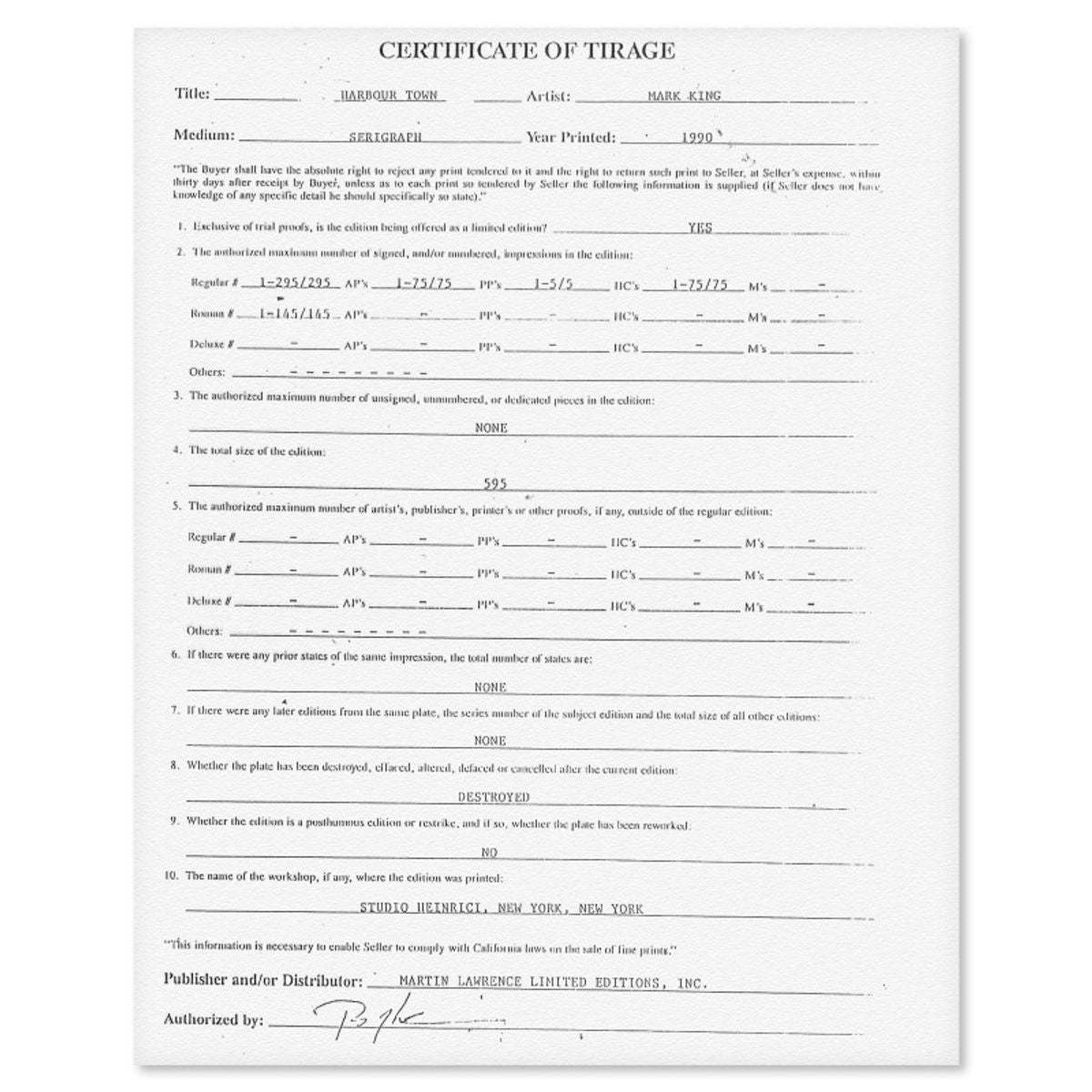 Mark King (1931-2014), "Harbor Town" Hand Signed Limited Edition Serigraph with Letter of Authenticity.