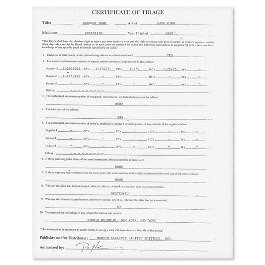 Mark King (1931-2014), "Harbor Town" Hand Signed Limited Edition Serigraph with Letter of Authenticity.