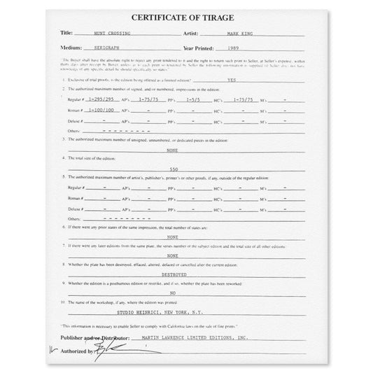 Mark King (1931-2014), "Hunt Crossing" Hand Signed Limited Edition Serigraph with Letter of Authenticity.