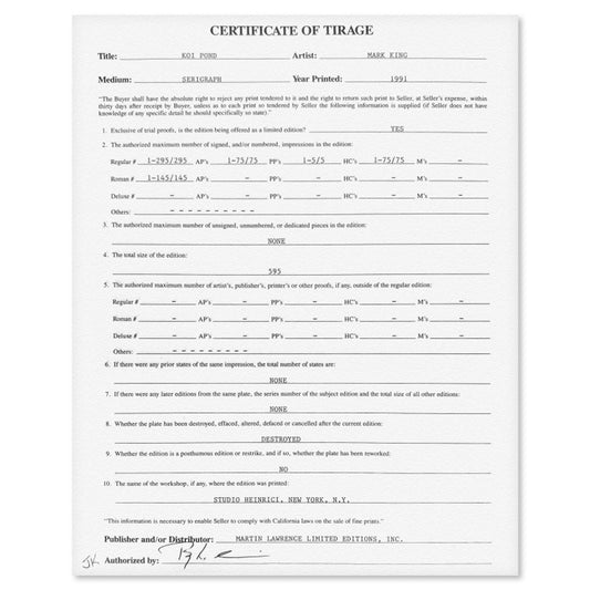 Mark King (1931-2014), "Koi Pond" Hand Signed Limited Edition Serigraph with Letter of Authenticity.