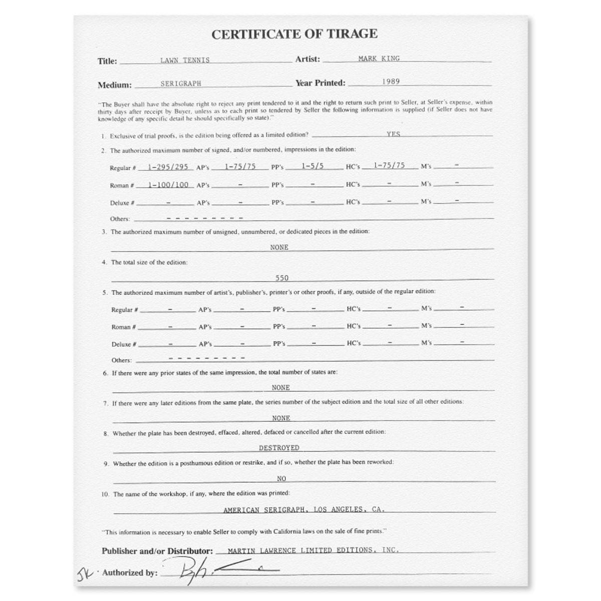 Mark King (1931-2014), "Lawn Tennis" Hand Signed Limited Edition Serigraph with Letter of Authenticity.