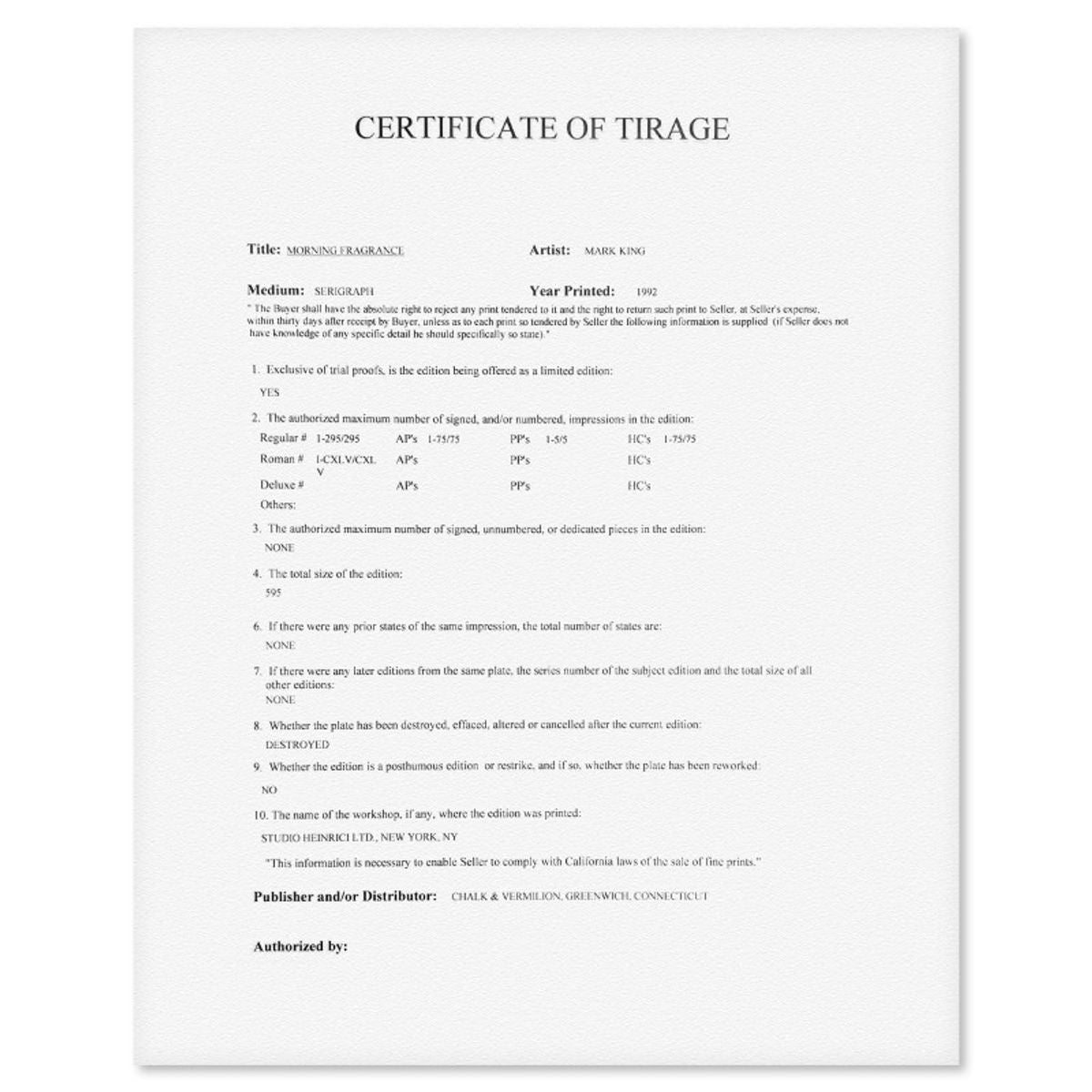 Mark King (1931-2014), "Morning Fragrance" Hand Signed Limited Edition Serigraph with Letter of Authenticity.