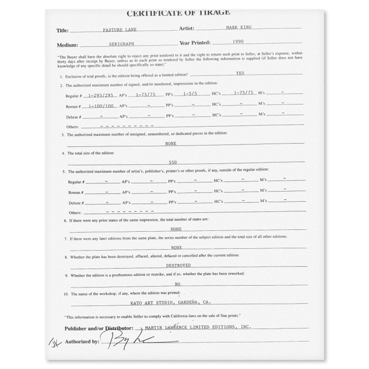 Mark King (1931-2014), "Pasture Lane" Hand Signed Limited Edition Serigraph with Letter of Authenticity.