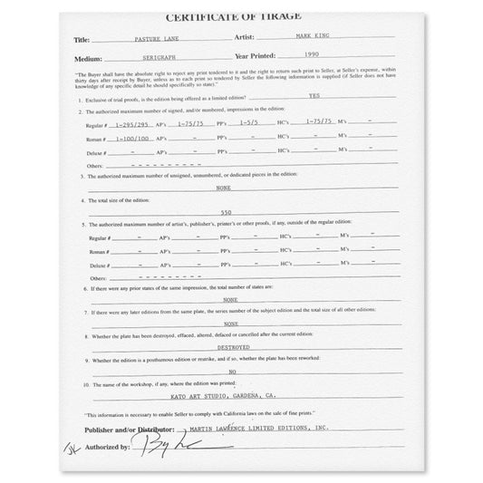 Mark King (1931-2014), "Pasture Lane" Hand Signed Limited Edition Serigraph with Letter of Authenticity.