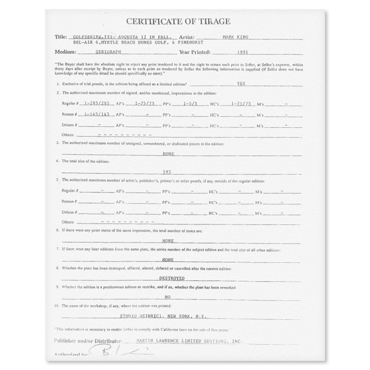 Mark King (1931-2014), "Pinehurst II (4 Up Golf)" Hand Signed Limited Edition Serigraph with Letter of Authenticity.