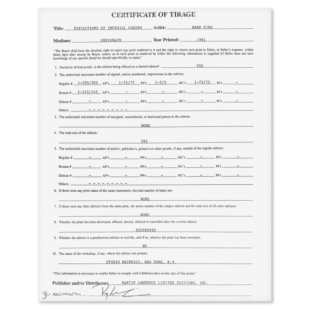 Mark King (1931-2014), "Reflections Of Imperial Garden" Hand Signed Limited Edition Serigraph with Letter of Authenticity.