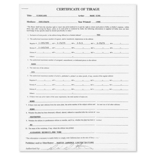 Mark King (1931-2014), "Siberians" Hand Signed Limited Edition Serigraph with Letter of Authenticity.