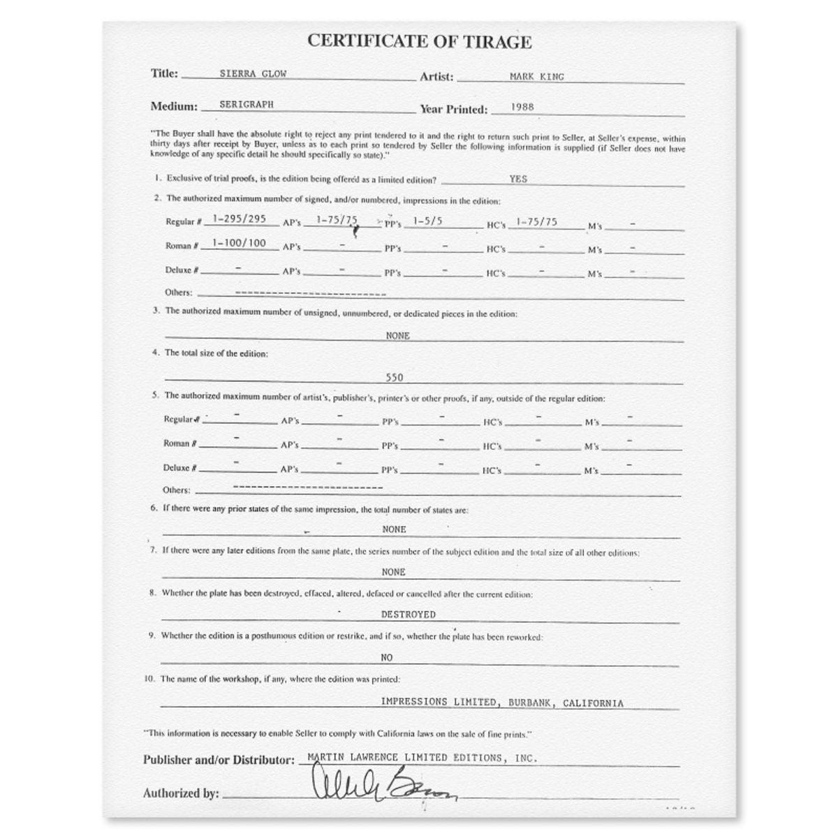 Mark King (1931-2014), "Sierra Glow" Hand Signed Limited Edition Serigraph with Letter of Authenticity.