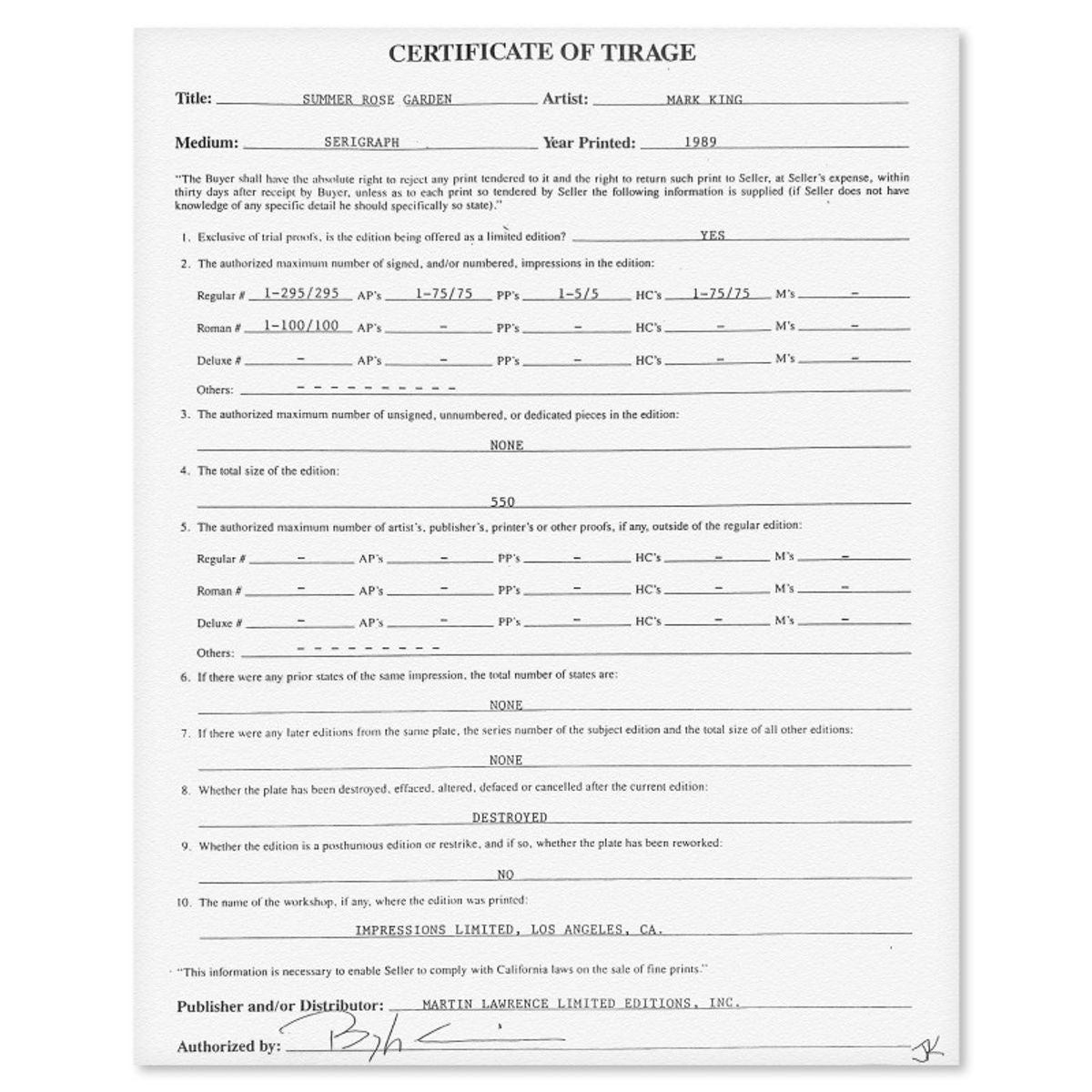 Mark King (1931-2014), "Summer Rose Garden" Hand Signed Limited Edition Serigraph with Letter of Authenticity.