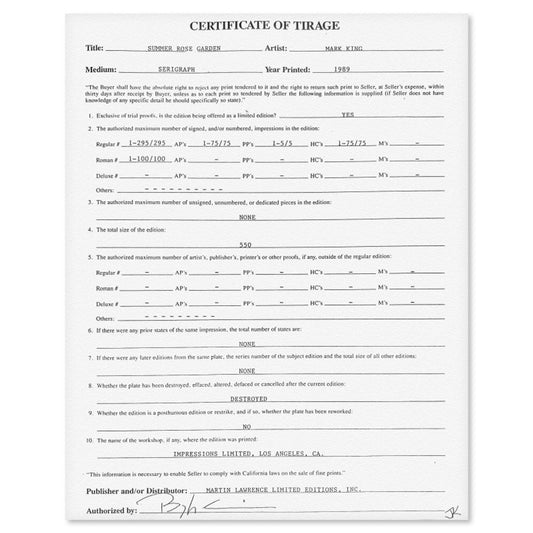 Mark King (1931-2014), "Summer Rose Garden" Hand Signed Limited Edition Serigraph with Letter of Authenticity.