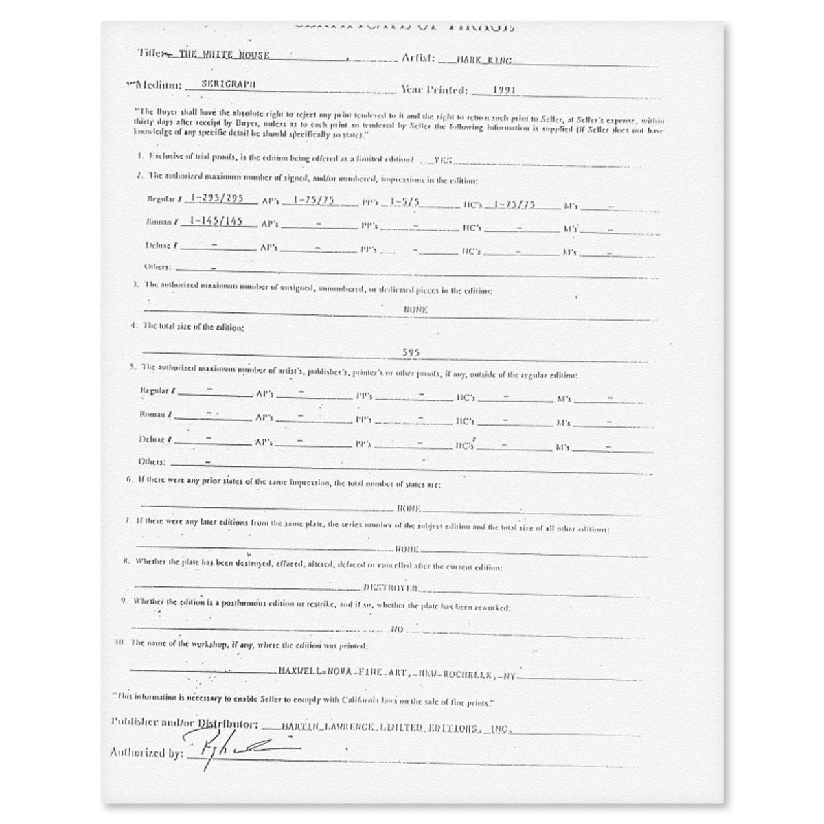 Mark King (1931-2014), "The White House" Hand Signed Limited Edition Serigraph with Letter of Authenticity.