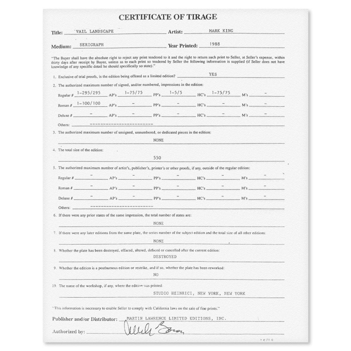 Mark King (1931-2014), "Vail Landscape" Hand Signed Limited Edition Serigraph with Letter of Authenticity.