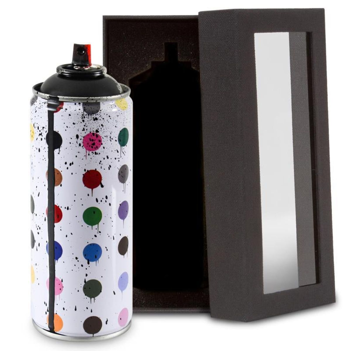 Mr. Brainwash, "Hirst Dots (Black)" Limited Edition Hand Painted Spray Can with Plate Signature.