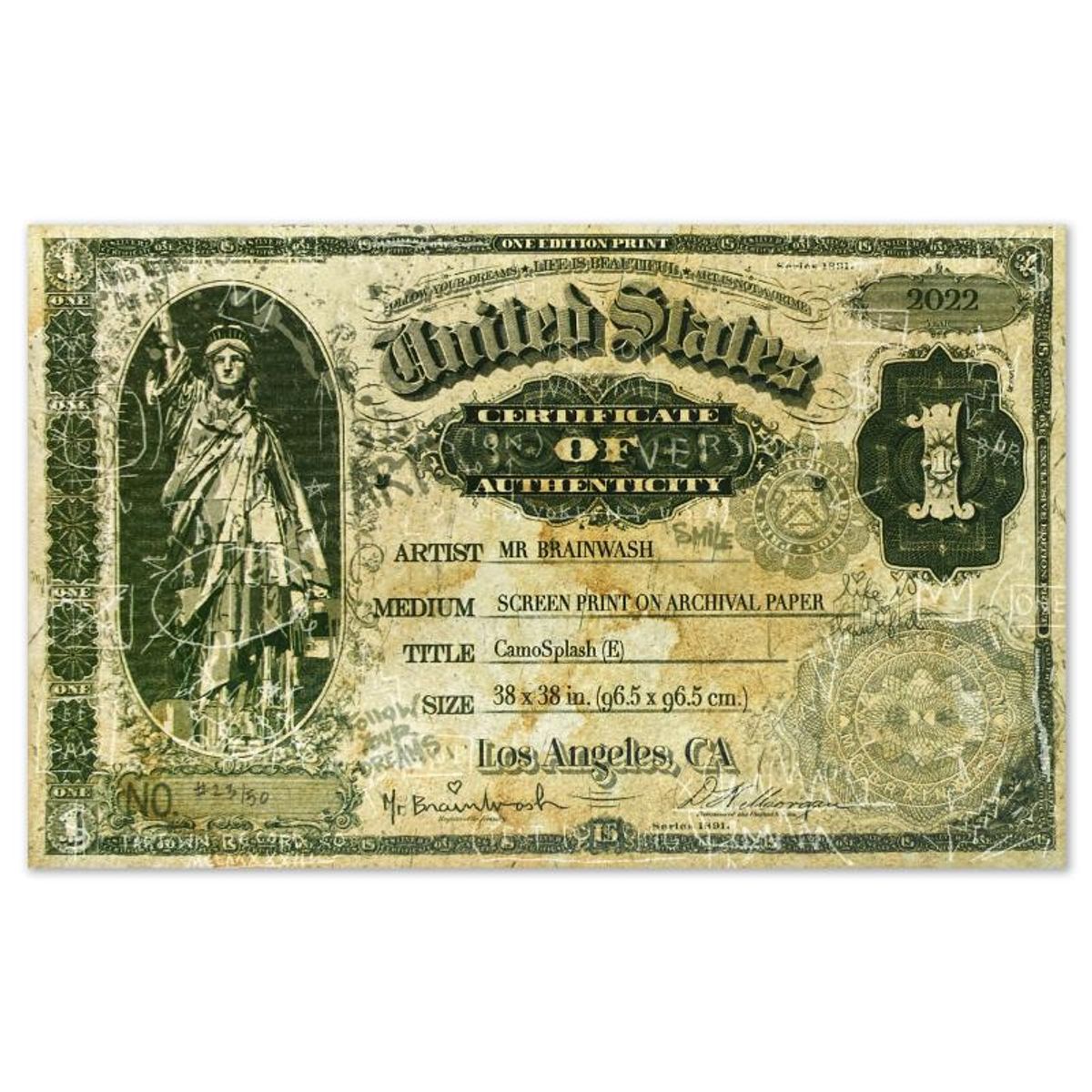 Mr. Brainwash, "Camo Splash E" Framed Limited Edition Silk Screen, Hand Signed with Certificate of Authenticity.