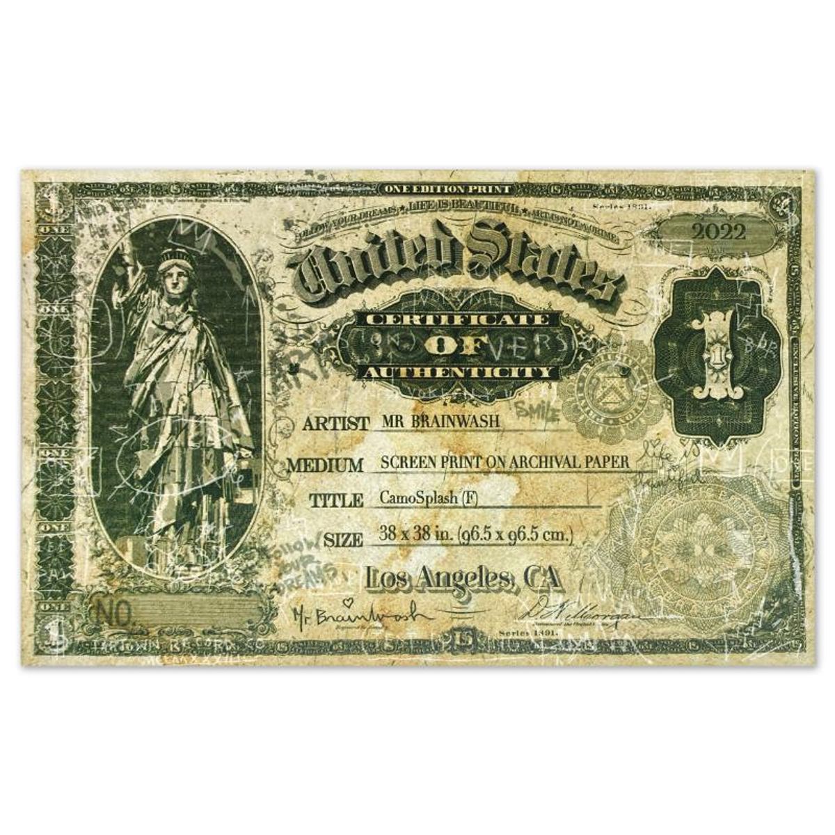 Mr. Brainwash, "Camo Splash F" Framed Limited Edition Silk Screen, Hand Signed with Certificate of Authenticity.