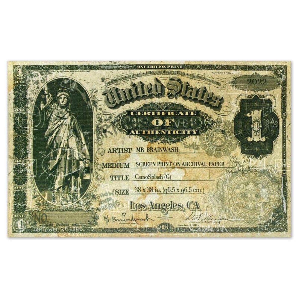 Mr. Brainwash, "Camo Splash G" Framed Limited Edition Silk Screen, Hand Signed with Certificate of Authenticity.