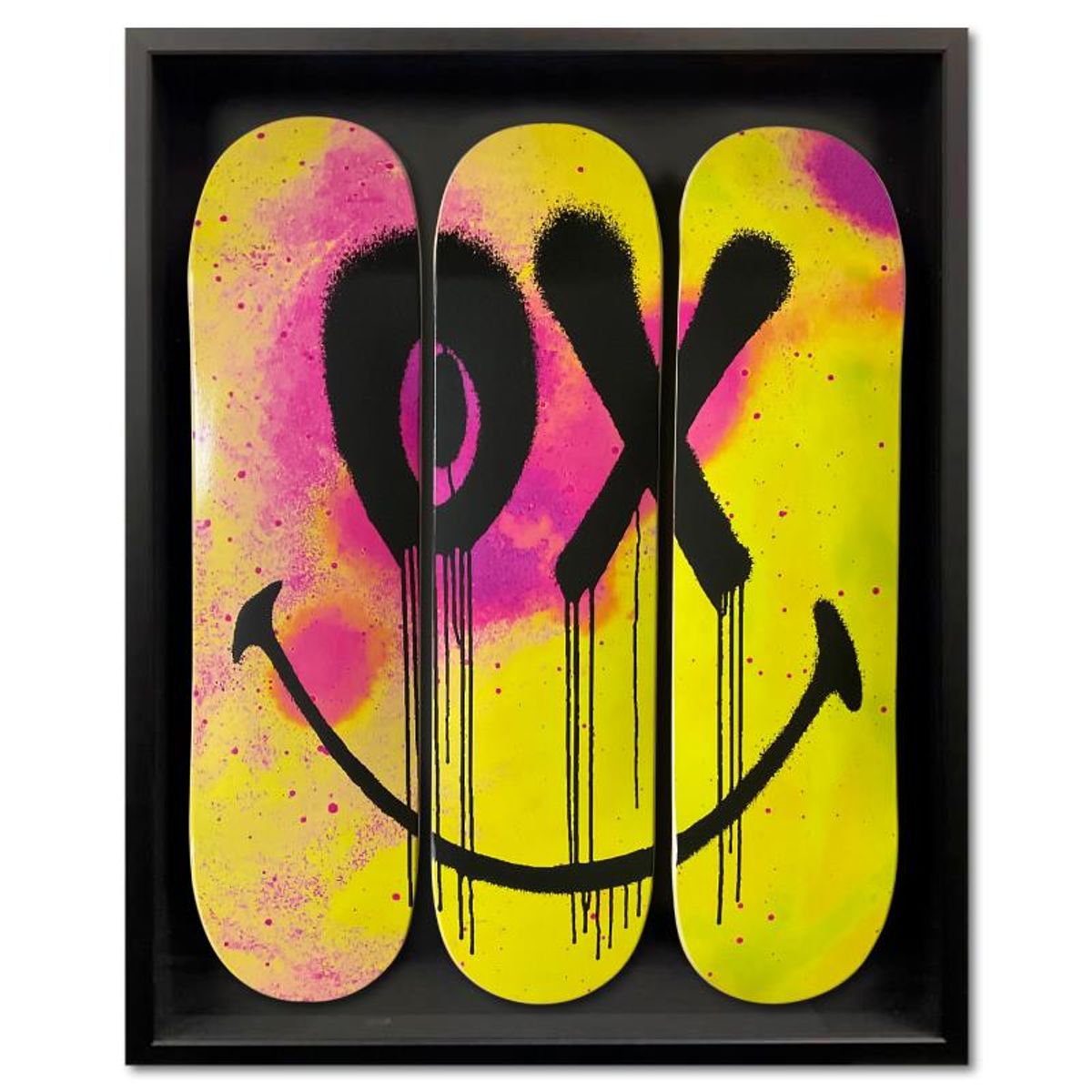 Andre Saraiva, "Mr. A Smiley" Framed Limited Edition Skateboard Triptych, Numbered and Plate Signed with Letter of Authenticity.