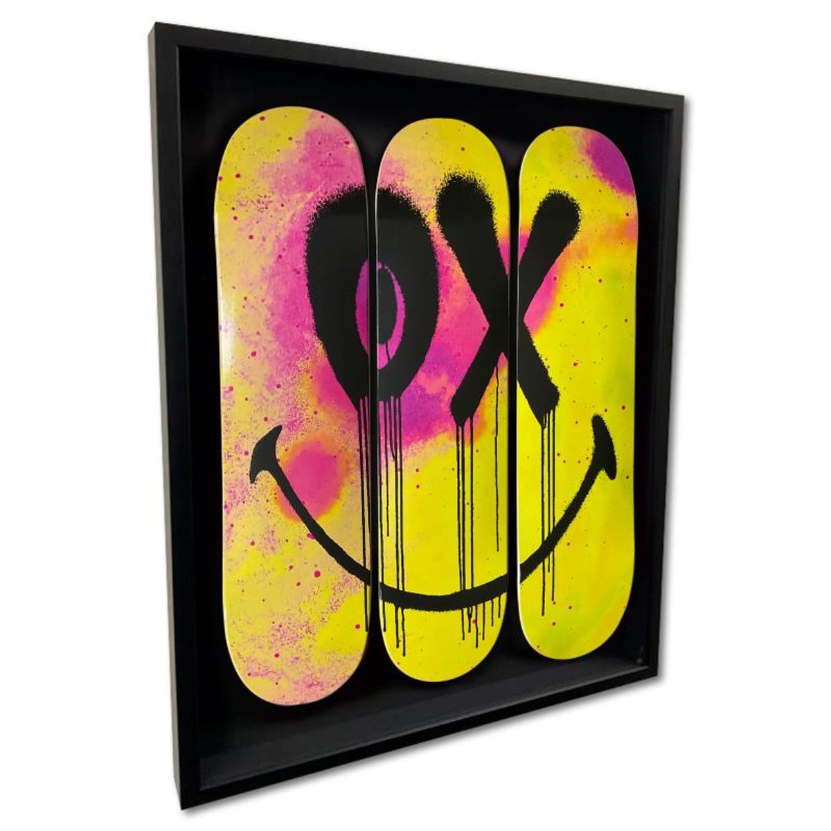 Andre Saraiva, "Mr. A Smiley" Framed Limited Edition Skateboard Triptych, Numbered and Plate Signed with Letter of Authenticity.