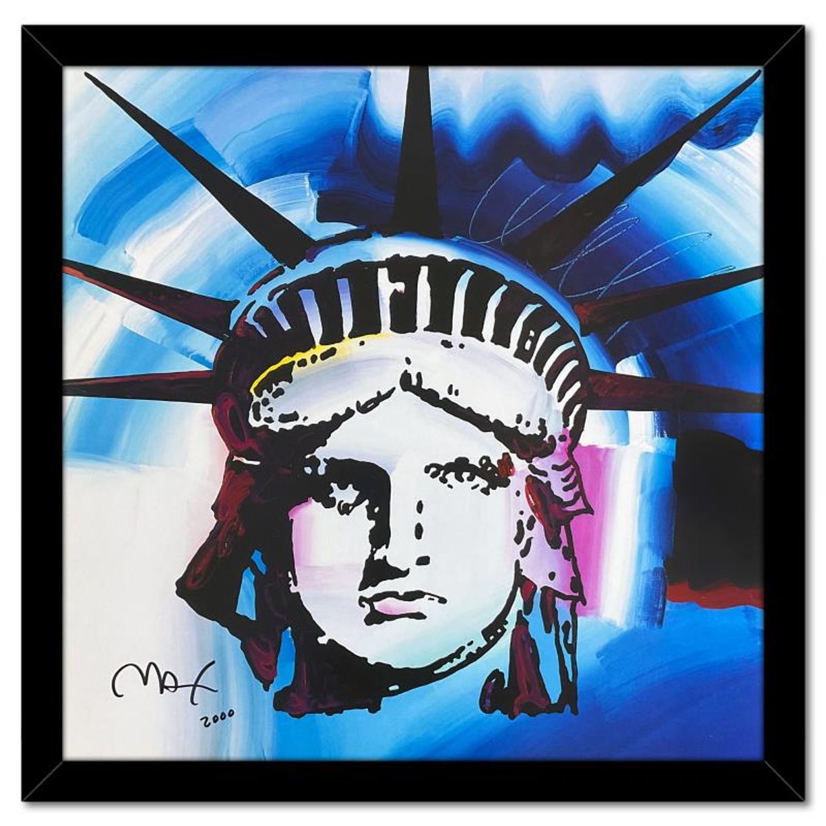 Peter Max, "Liberty 2000 I (Blue)" Framed Hand Signed Offset Lithograph with Letter of Authenticity.