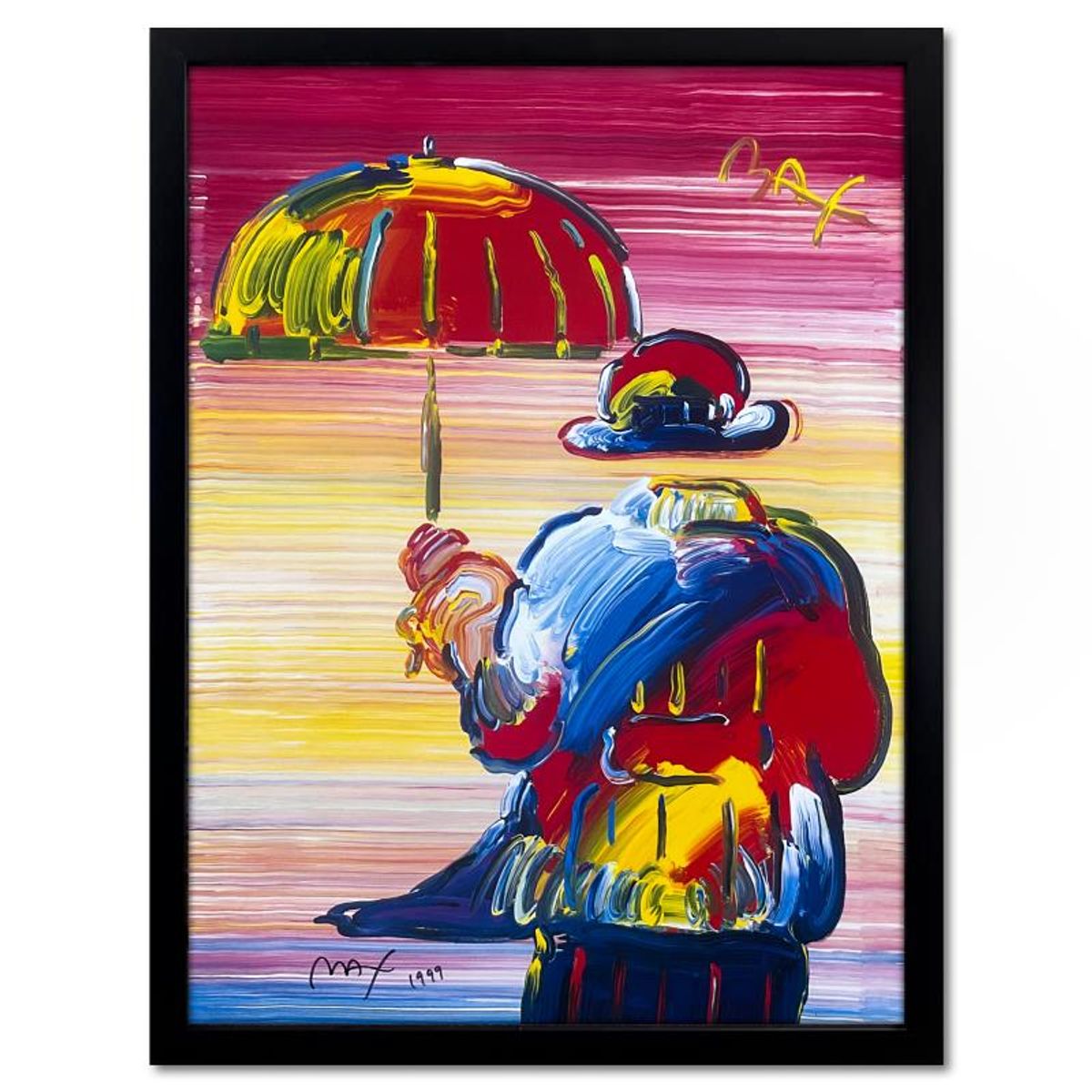Peter Max, "Umbrella Man" Framed Hand Signed Offset Lithograph with Letter of Authenticity.