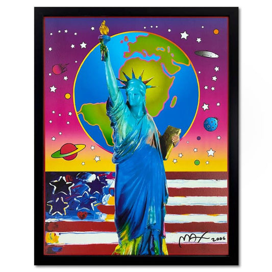 Peter Max, "Liberty with Earth & Flag" Framed Hand Signed Offset Lithograph with Letter of Authenticity.