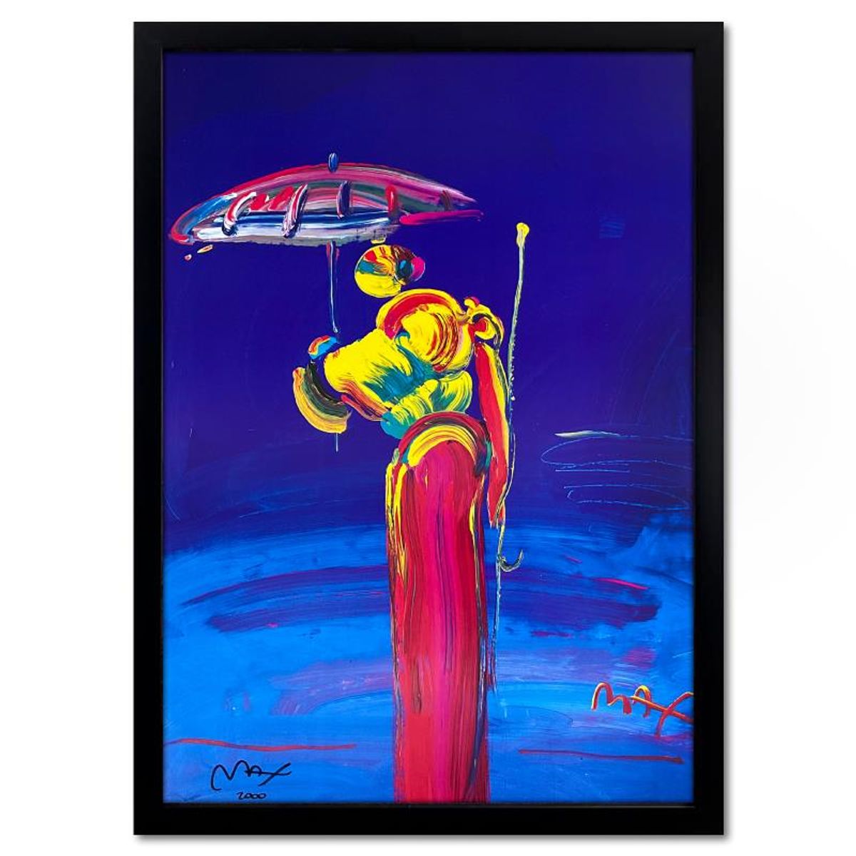 Peter Max, "Umbrella Man with Cane" Framed Hand Signed Offset Lithograph with Letter of Authenticity.